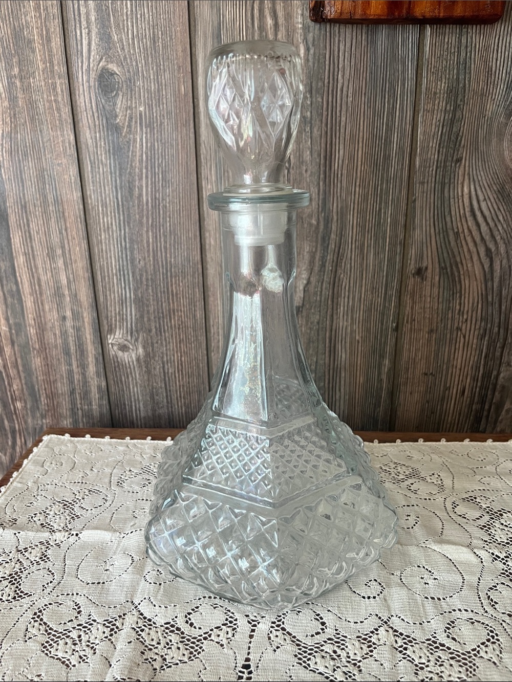 Vintage Anchor Hocking Wexford Clear Diamond Cut Glass Liquor Decanter & Stopper
